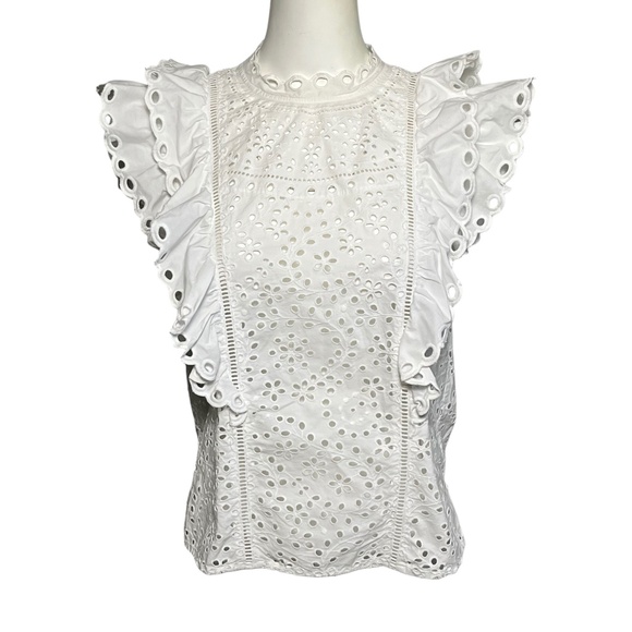 Veronica Beard Calisata Ruffled Eyelet-Embroidered Top White Cotton Size 2 - Picture 1 of 11